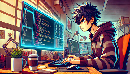 Anime-style young programmer coding at computer desk