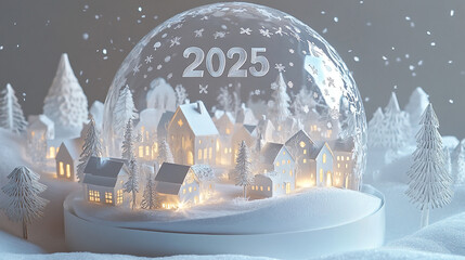 A snow globe depicting a winter village with illuminated houses sits on a snowy surface, surrounded by artificial trees. The globe reads 2025 and features falling snow