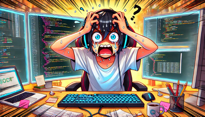 Anime-style young coder frustrated while coding at computer