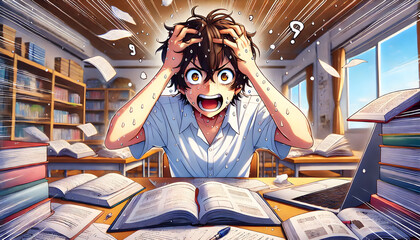 Anime-style young coder frustrated while coding at computer