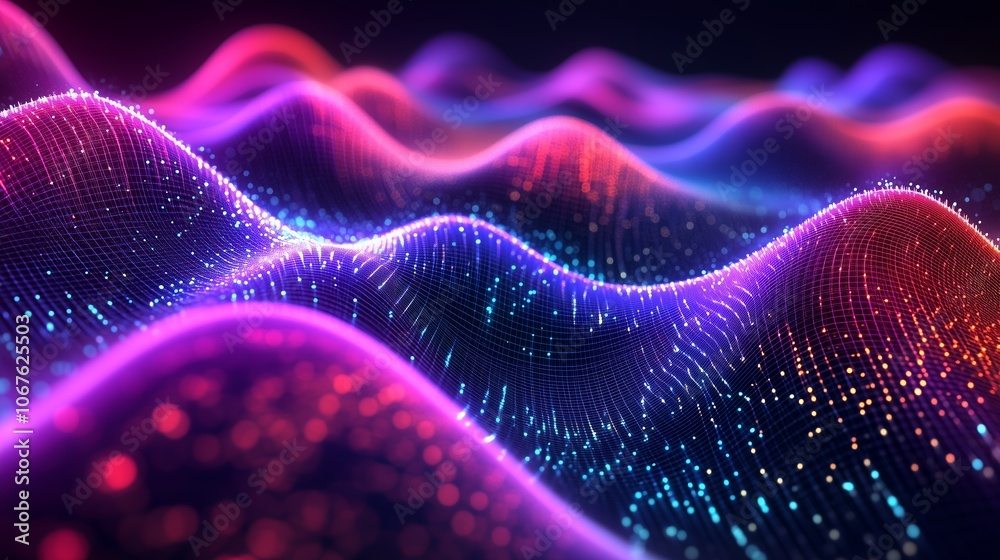 Poster abstract digital landscape featuring colorful waves with glowing patterns and gradients in a dark en
