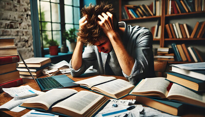 Stressed student struggling with study workload