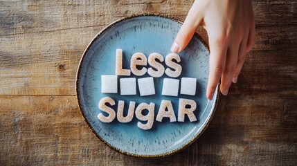 Hand removing sugar cubes from a plate with the words less sugar spelled out in brown sugar granules, promoting healthy eating habits and reduced sugar intake for improved well being