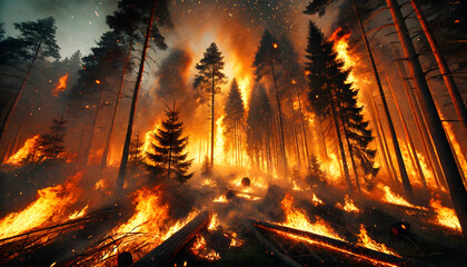 Forest wildfire engulfing trees in flames
