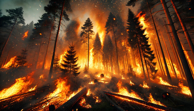 Forest wildfire engulfing trees in flames