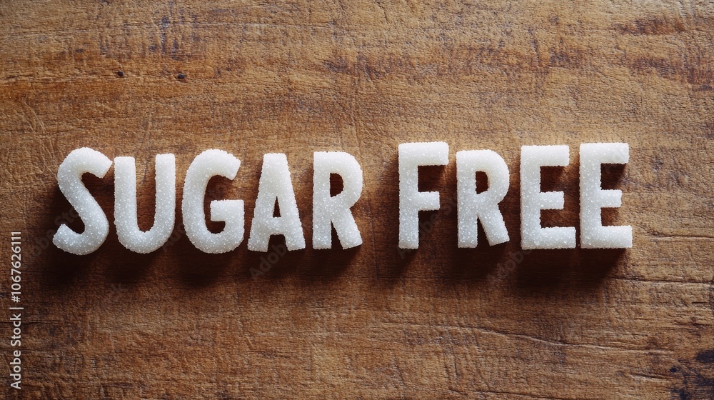 Poster white sugar granules forming the words sugar free are sitting on a textured wooden table, creating a