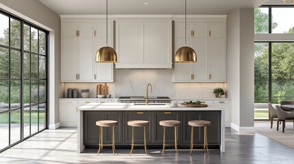 Modern Kitchen with Island, Pendant Lights, and Large Windows