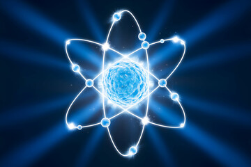 Atomic structure with blue nucleus and orbiting electrons, glowing vibrantly on deep blue background