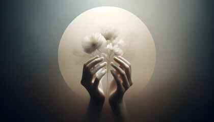 Hands Gently Holding Delicate Flowers in Soft Light
