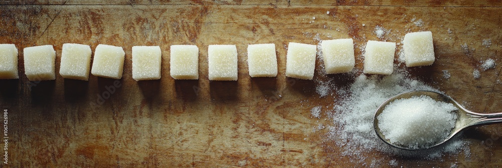 Poster ten sugar cubes arranged on a wooden table with granulated sugar in an old spoon represent the conce