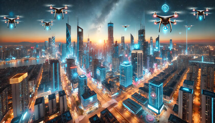 Futuristic Smart City with Drones and Neon Lights