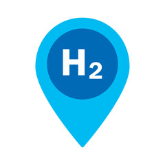 Hydrogen icon symbol with pin marker. Blue hydrogen sign. H2 symbol. Hydrogen production. Renewable energy source. Ecological energy. Zero emissions. Ecology, Ecology, global warming, chemistry sign.