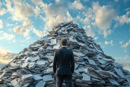 Businessman facing a mountain office tasks, representing work overload and time management challenges