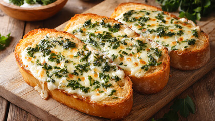 Warm Garlic Bread With Melted Cheese and Herbs Served on a Rustic Wooden Board