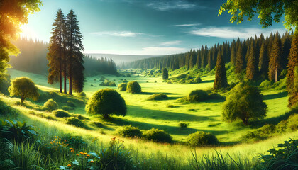 Scenic Green Valley Landscape with Rolling Hills and Sunlit Trees