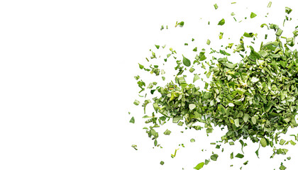 Close up pile, dried, chopped oregano leaves on a transparent background