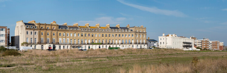 Europe, UK, England, Hampshire, Hayling Island Norfolk Crescent and Grand Hotel panorama