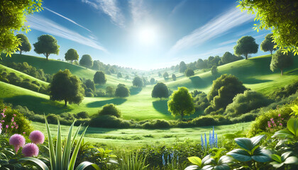  Scenic Green Valley Landscape with Rolling Hills and Sunlit Trees