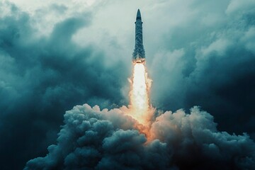 A towering rocket ascends through dark clouds under the twilight sky. Generative AI