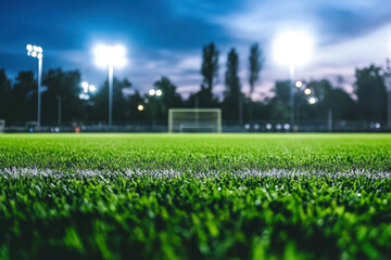 Evening Football Match Under Bright Lights on a Lush Green Stadium Field