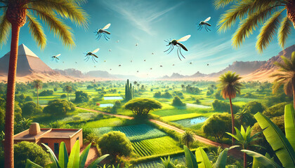 Ancient Egyptian Oasis Landscape with Palm Trees, Pyramids, and Swarming Insects