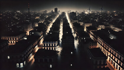 Aerial Night View of Illuminated City Streets and Historic Architecture