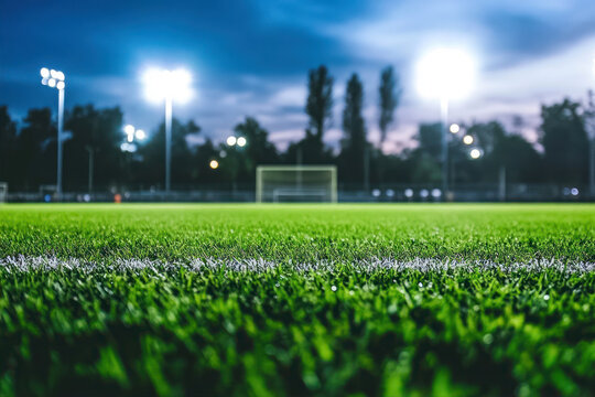 Evening Football Match Under Bright Lights on a Lush Green Stadium Field