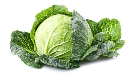 Obraz premium A fresh green cabbage sits elegantly against a white background, displaying its lush, tightly packed leaves and vibrant green color. This vibrant vegetable is perfect for various culinary uses