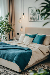 Modern Bedroom with Turquoise and Beige Accents