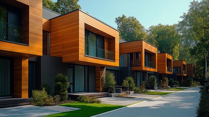 Urban row of stylish townhouses with warm wooden cladding, perfect for modern residential architecture.