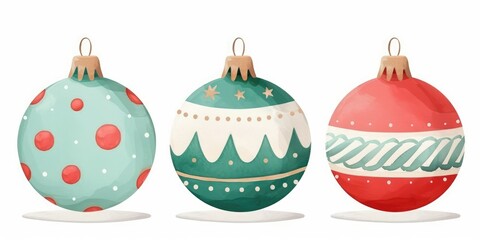 Three decorative Christmas ornaments in vibrant colors, featuring unique patterns, perfect for holiday festivities.