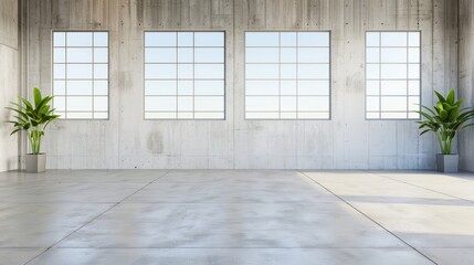 Fototapeta premium A modern, minimalistic interior featuring large windows, concrete walls, and potted plants, creating a bright and airy atmosphere.