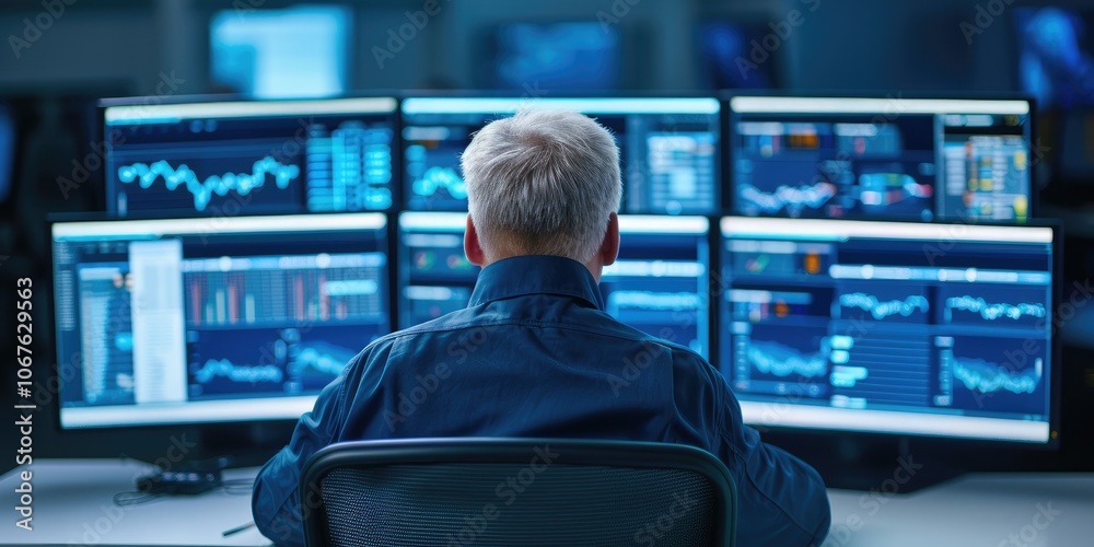 Poster a person analyzes data on multiple screens in a dimly lit environment, focusing on financial graphs 
