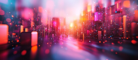 Fototapeta premium Abstract digital city landscape with bright glowing lights and bokeh.