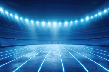 A futuristic sports arena illuminated by vibrant blue lights, featuring a sleek, reflective surface and a dynamic atmosphere.