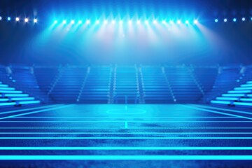 A vibrant arena with glowing blue lights, showcasing a spacious stage and seating, perfect for performances or events.