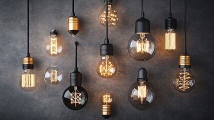 Modern LED Lightbulbs Display, showcasing an array of energy-efficient, stylish designs on a sleek surface, highlighting contemporary lighting solutions for eco-conscious consumers