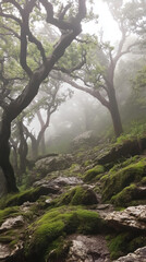 Obraz premium Exploring a Foggy Ancient Woodland With Gnarled Trees and Moss-Covered Rocks