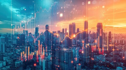 Real estate development and investing concept, portrayed through digital forex indicators and financial graphs overlaying a city skyline, symbolizing growth in urban markets