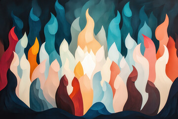 Abstract Flame-Like Shapes in Warm and Cool Tones Symbolizing Community and Togetherness