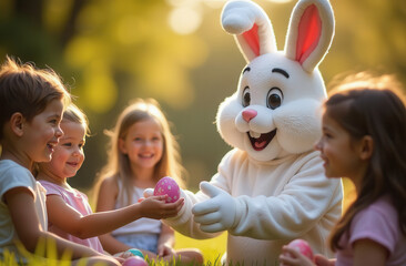 Easter bunny and children at the holiday