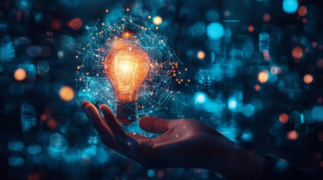 Hand holding a glowing lightbulb with network connections