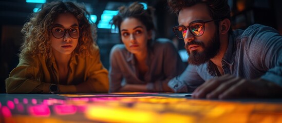 Three people are leaning over a brightly lit table, looking intently at something.