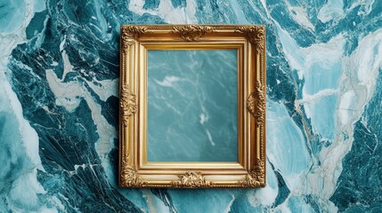 Golden frame on elegant marble surface, beckoning creativity and imagination for potential artwork to fill the space, enhances any artistic vision with its refined elegance.