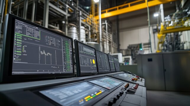 Industrial IoT Factory Setup, advanced sensors and monitors display real-time production data, showcasing a modern automated manufacturing environment, enhancing efficiency and connectivity