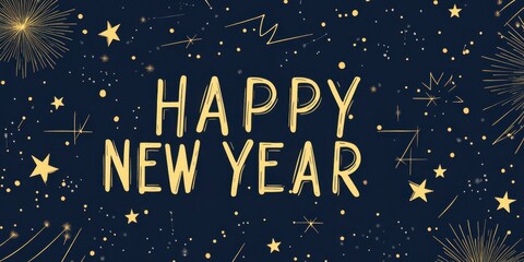 Minimalist line art for social media featuring the text "HAPPY NEW YEAR" Stars, lines, and circles in gold on a navy blue background Generative AI