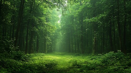 Obraz premium Lush Green Forest Pathway with Sunlight