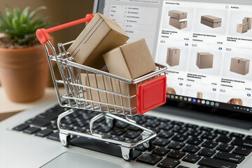 Shopping cart on laptop keyboard represents online shopping concept