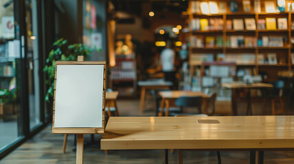 blank sign on an elegant wooden stand in a modern library, with a view of a bustling café area