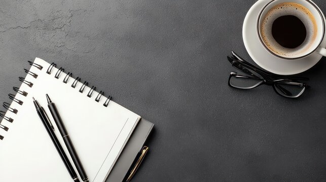 Office desktop setup with a notebook, pens, and coffee cup, symbolizing productivity, strategic planning, and the tools needed for successful business operations